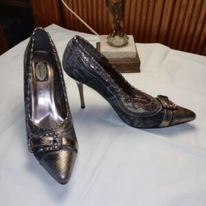 BOLARO DESIGNER 9 WOMENS GREY DENIM RHINESTONE HEELS SHOES Stiletto